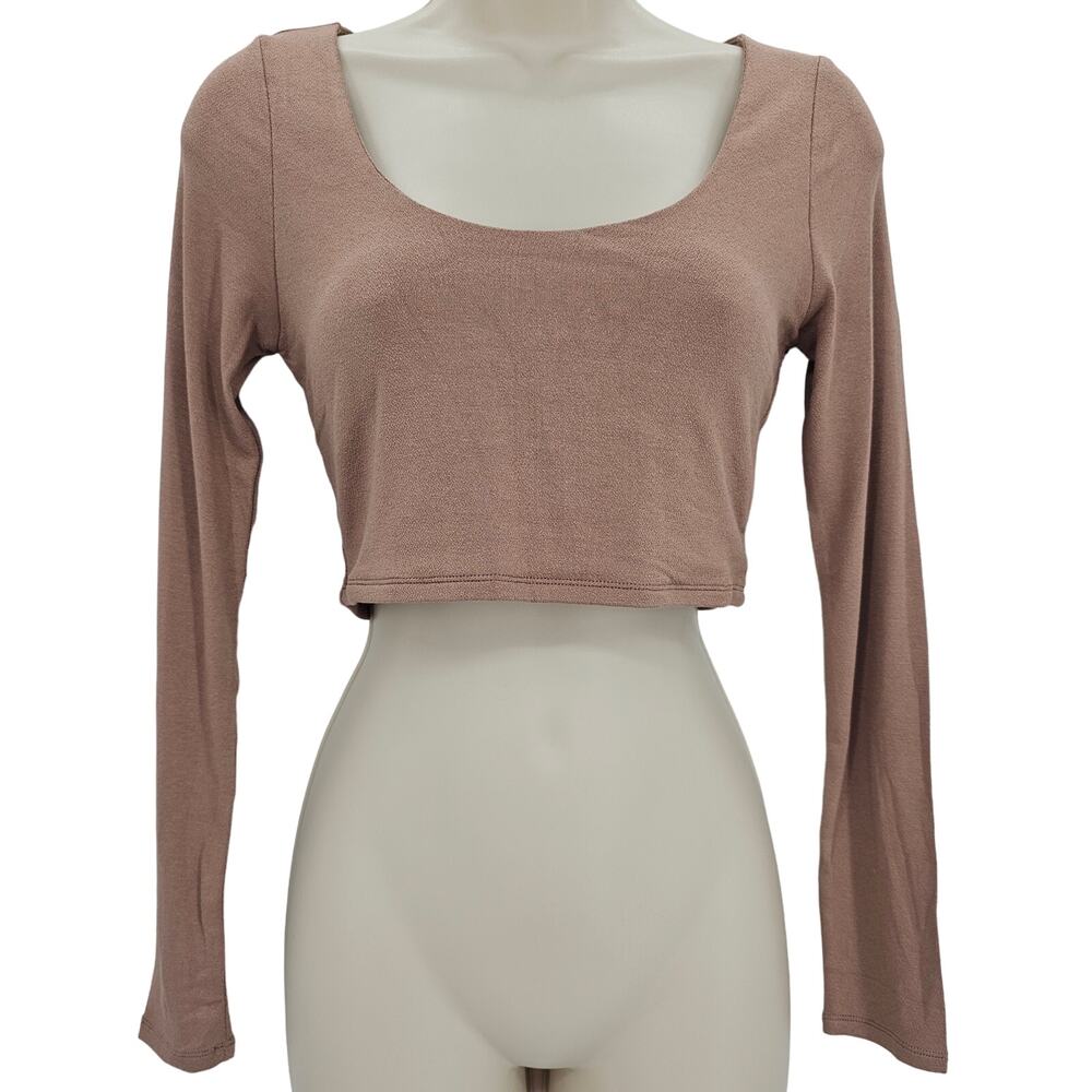 Naked Wardrobe Womans size M Scooped Neck Crop Top Long Sleeve Coco Brown NEW